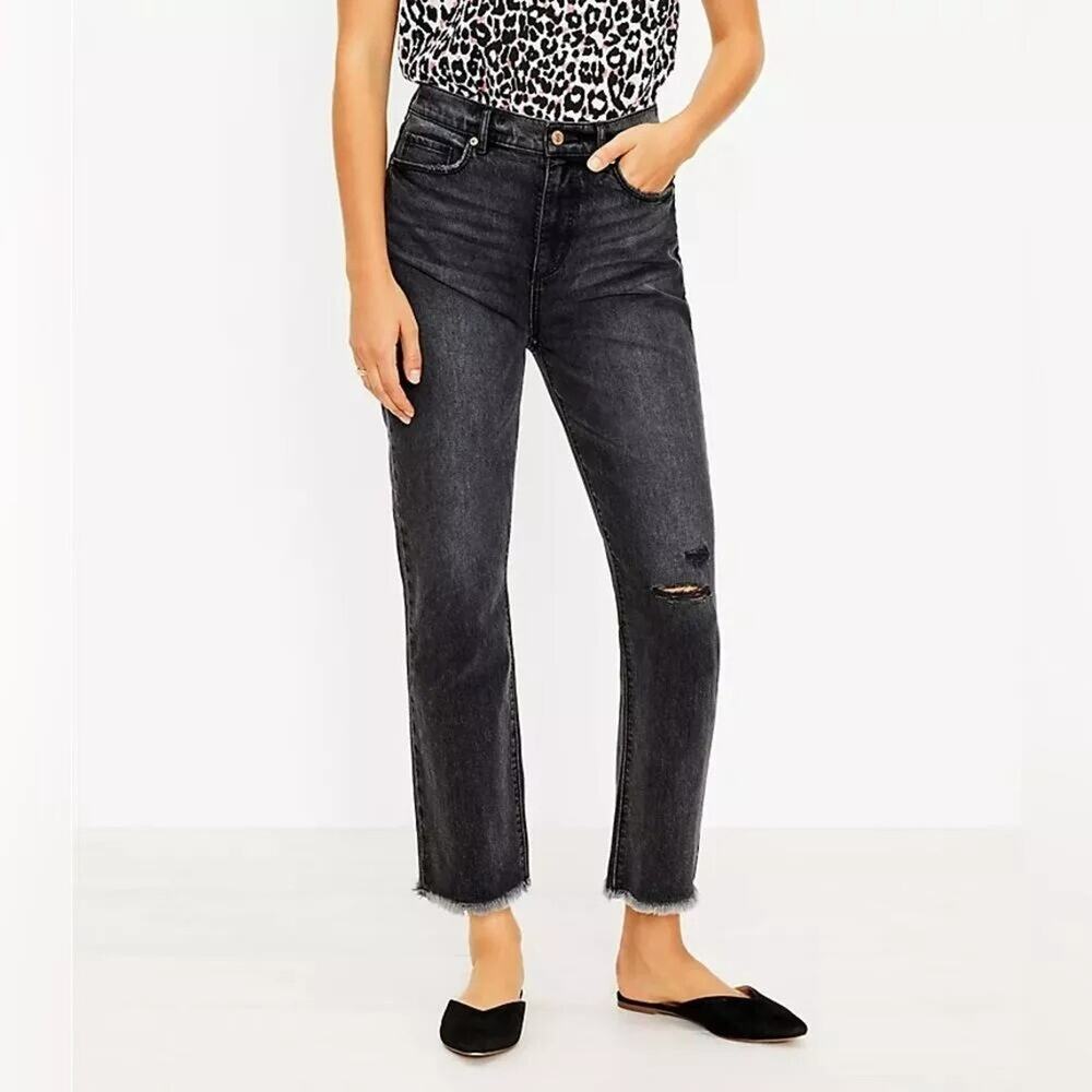 Loft Destructed High Rise Straight Crop Jeans in Washed Black Size 6 / 28